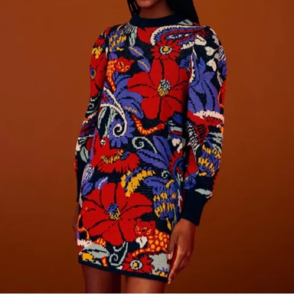 FARM Rio Multicolor Floral Knit Long-Sleeve Dress